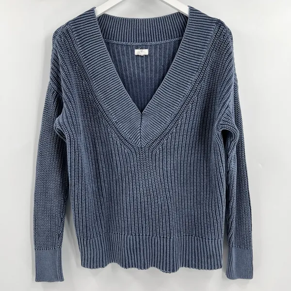 Aerie Sweater Women's Size XS Ribbed V-Neck Oversized Chunky‎ Knit Pullover Blue - Image 3