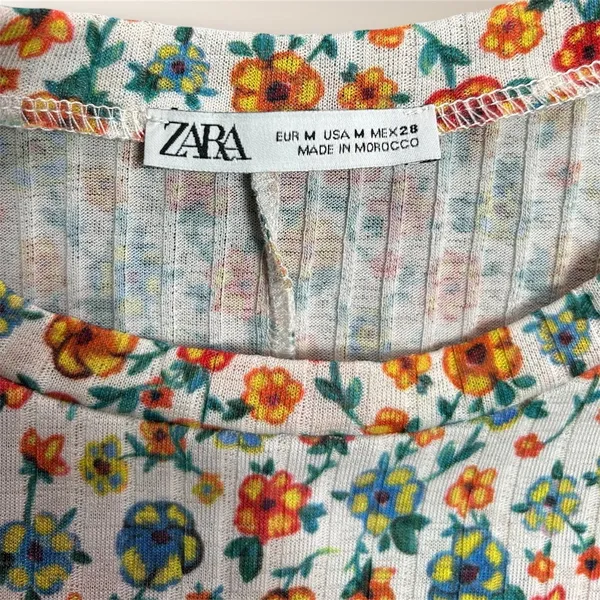 ZARA M Cream Floral Ribbed Knit Tiered Mini Dress Short Sleeve Cottagecore‎ Boho - Image 7