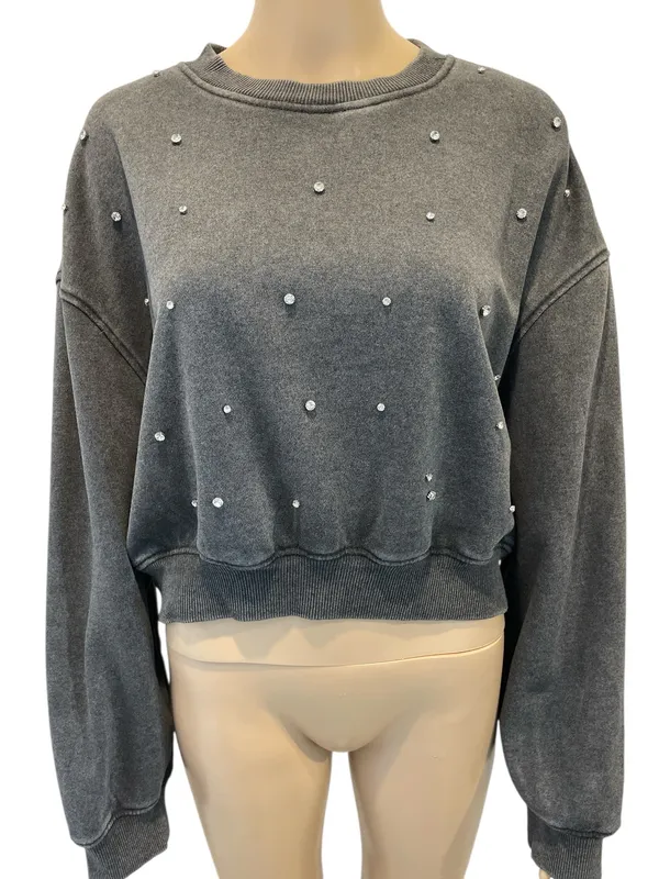 Lazy sundays Rhinestones Acid Wash Gray Cropped Sweatshirt size L - Image 3