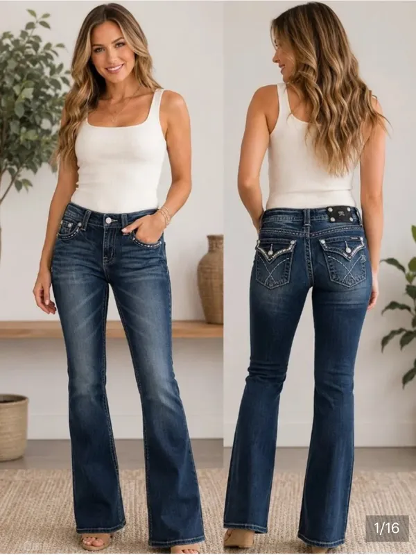 MISS ME Low Rise Boot Cut Jean Dark Wash Denim Sz 28 Flap Pockets JW5180B7 Y2K - Image 2