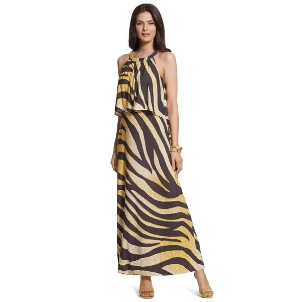 Chico's Black And Gold Zebra Print Jersey‎ Sleeveless Halter Neck Maxi Dress S - Image 5