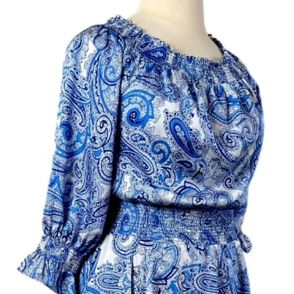 Tahari New Smocked Dress Asymmetrical Ruffle Hem Blue Paisley NWT Women Size 16 - Image 9