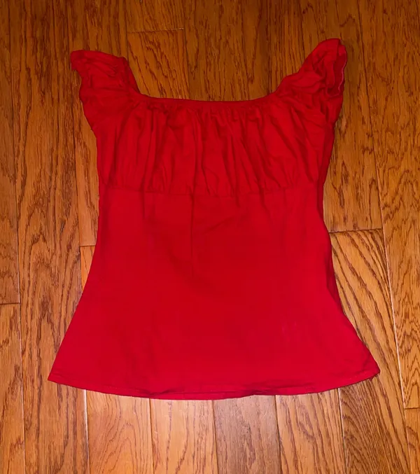 Red Retro Vintage 50s Shirt Short Sleeve Cotton Low Neck - Image 2