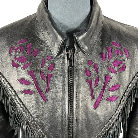 UNIK Leather Fringe‎ Biker Jacket Small Black Purple Rose Inlay Motorcycle Goth - Image 4
