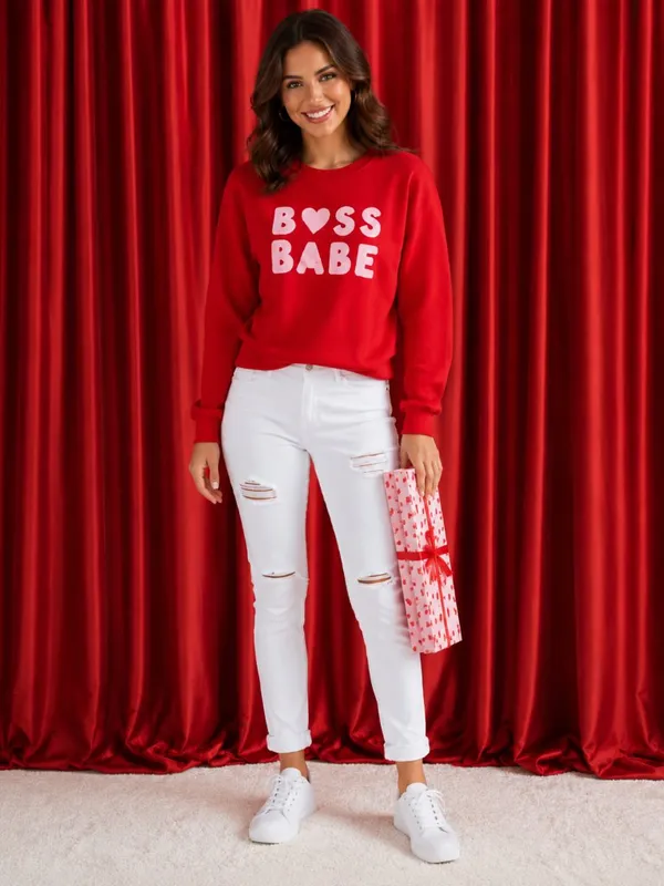 Boss Babe Red Heart Graphic Sweatshirt Cozy Crewneck NWT - Image 3