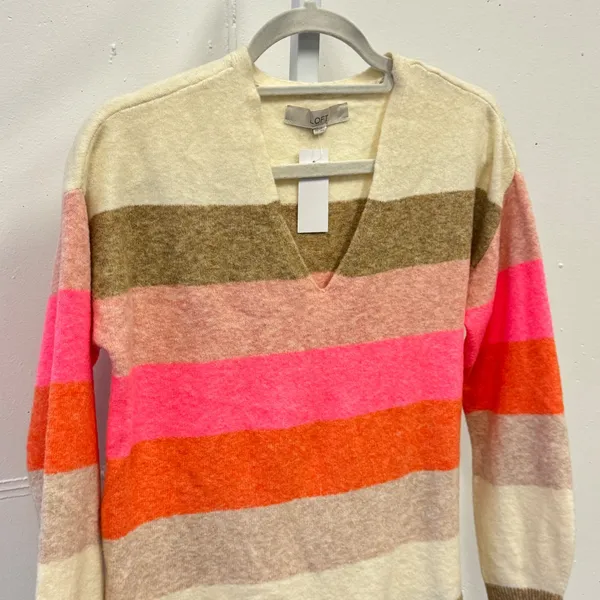 NWT LOFT Women's XS‎ V-Neck Striped Knit Sweater Pink Orange Cream Multi Color - Image 5