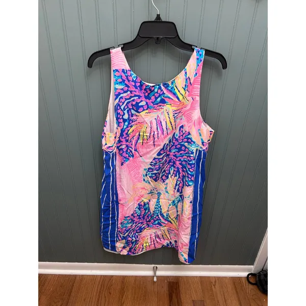 Lilly Pulitzer Women's Tank silk dress Sleeveless Blue‎ Pink Palm Print Size L - Image 3