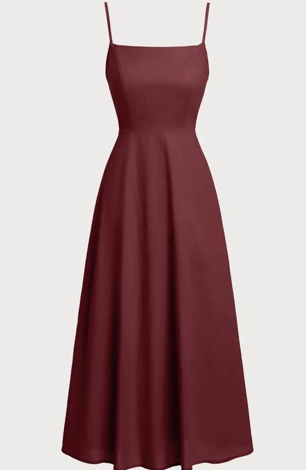 Rihoas Wine Red Square Neck Shirred Slip Midi Dress - Image 6