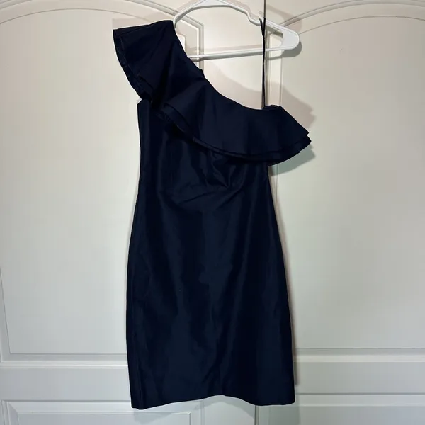 J. Crew Womens Woven Cotton Silk One Shoulder‎ Ruffle Navy Blue Dress 6T Tall - Image 2