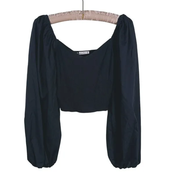 Abercrombie Womens Balloon Sleeve Crop Top Size M Black Coquette Romantic Dainty - Image 2
