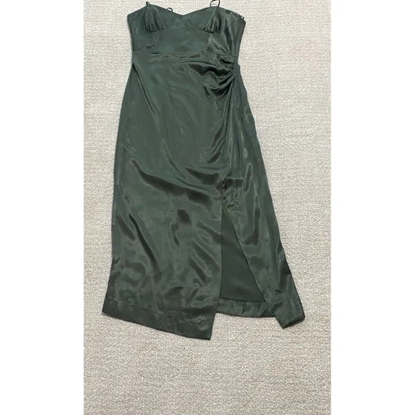 ZARA Green Satin Ruched Sweetheart Slip Midi Dress Spaghetti Strap Size S - Image 13