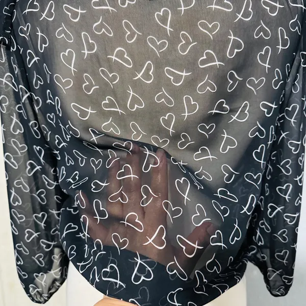 Timing Black Sheer Heart Print Ruffle Tie Front Blouse Top Women Sz L‎ Celestial - Image 6