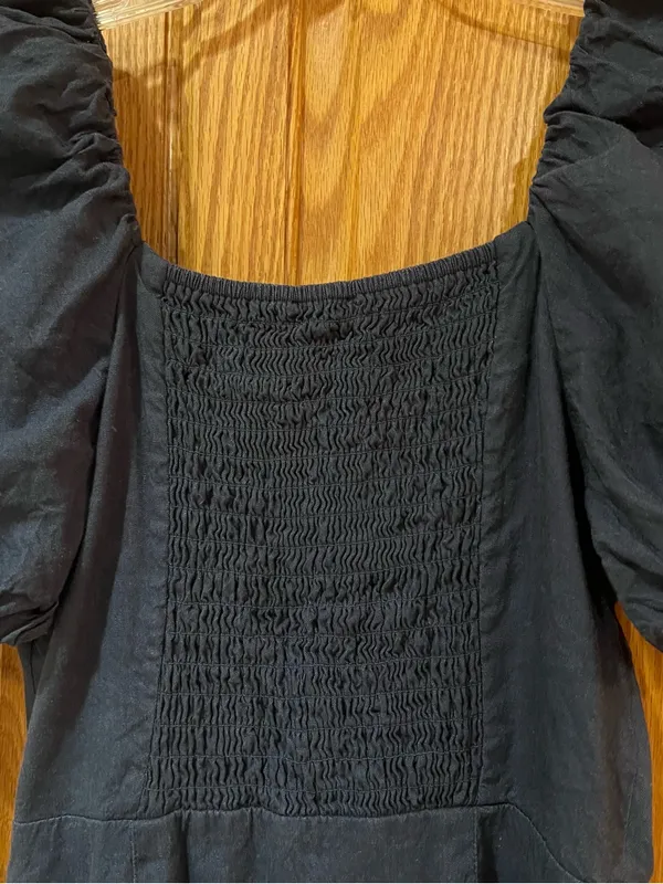 Rachel Parcell Square Neck Button Front Puff Sleeve Linen Dress Dark Blue XS - Image 11