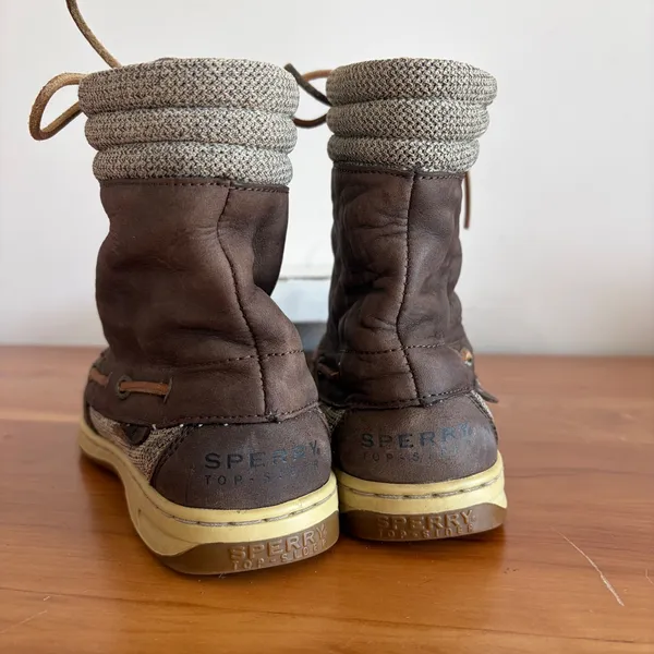 Sperry Top-Sider Brown Leather Canvas Plaid Lined Mid Calf Boots Size 7M - Image 5