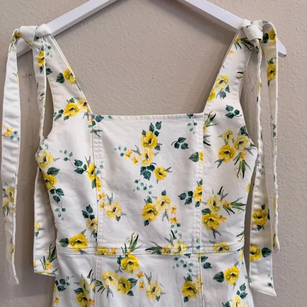 Alice + Olivia Maryann Tie Shoulder Mini Dress Yellow Floral White Denim Size 0 - Image 4