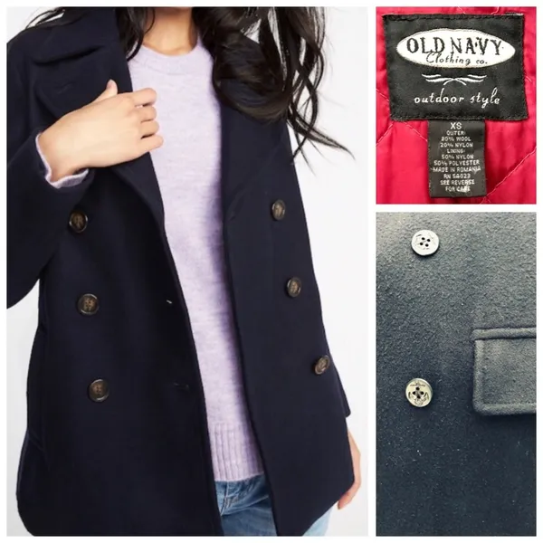 Double Breasted Classic Navy Blue Wool Peacoat, sz. XS - Image 4