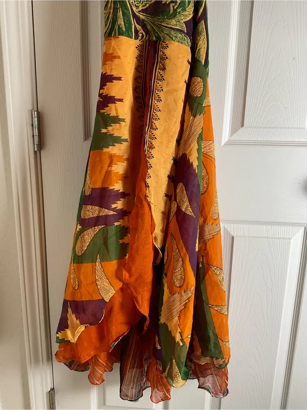 Raj 100% Silk Boho Halter Dress Size S Multi-Color Patchwork India - Image 3
