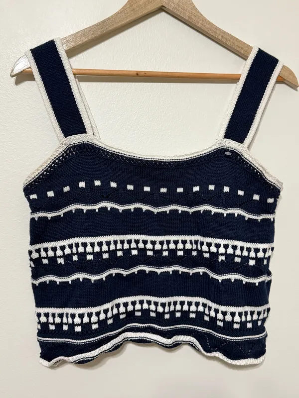Entro Knit Tank Top Size Medium Crochet Navy Boho - Image 4