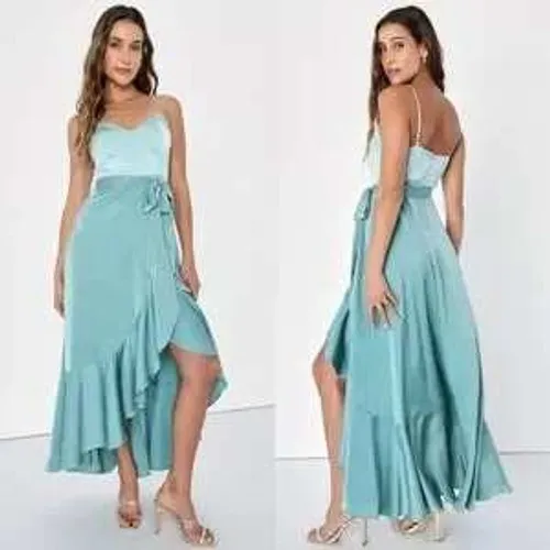 NWT Lulus Double Darling Sage Green Satin‎ Ruffle Maxi Dress Womens XL Evening - Image 2
