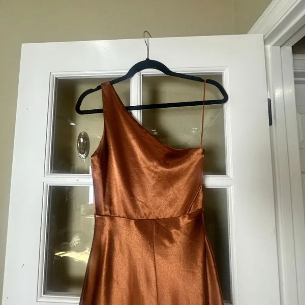 BIRDY GREY Kira copper satin 1 shoulder bridesmaid bridal maxi dress NWOT Medium - Image 8