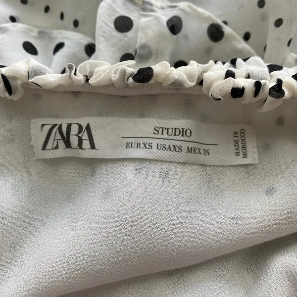 ZARA Cottage XS White Polka‎ Dot Mini Dress Ruffle Collar Boho Chic - Image 4