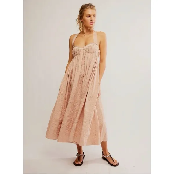 Free People Bohemian Beachy Seersucker Poppy Midi Dress Sundress Blush Medium - Image 3