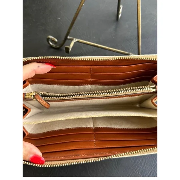 Dooney & Bourke Monogram Coated Canvas Zip Around Wallet Cream Cognac Organizer - Image 6
