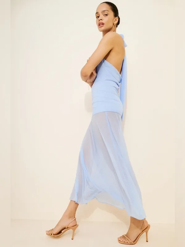 Mare Mare Cowl Neck Sheer Hem Dress Blue Halter Sheer Maxi Dress Small - Image 3