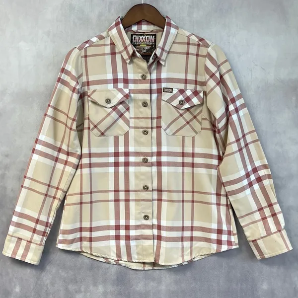 Dixxon Flannel Company The Burleigh Plaid Shirt Women Medium Tan‎ Red Minimalist - Image 14