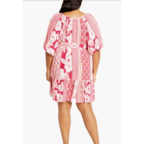 City Chic Cosmo Mini Dress Pink Floral Patchwork Puff Sleeve Plus Size XL 22 - Image 2