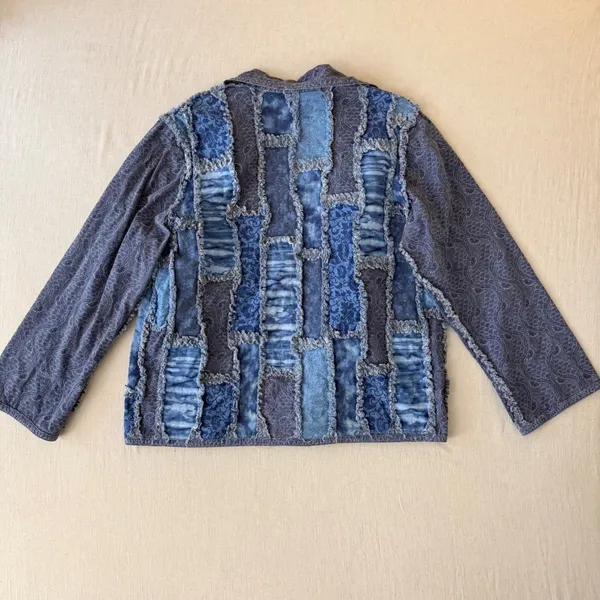 Handmade Patchwork Jacket Women L Blue Quilted Rag Style Artisan Boho Chore Coat - Image 4