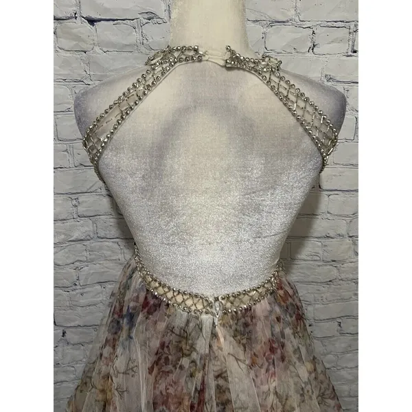 Camille La Vie beaded bodice multi layer tulle floral Halter Neck gown Size 4 - Image 7