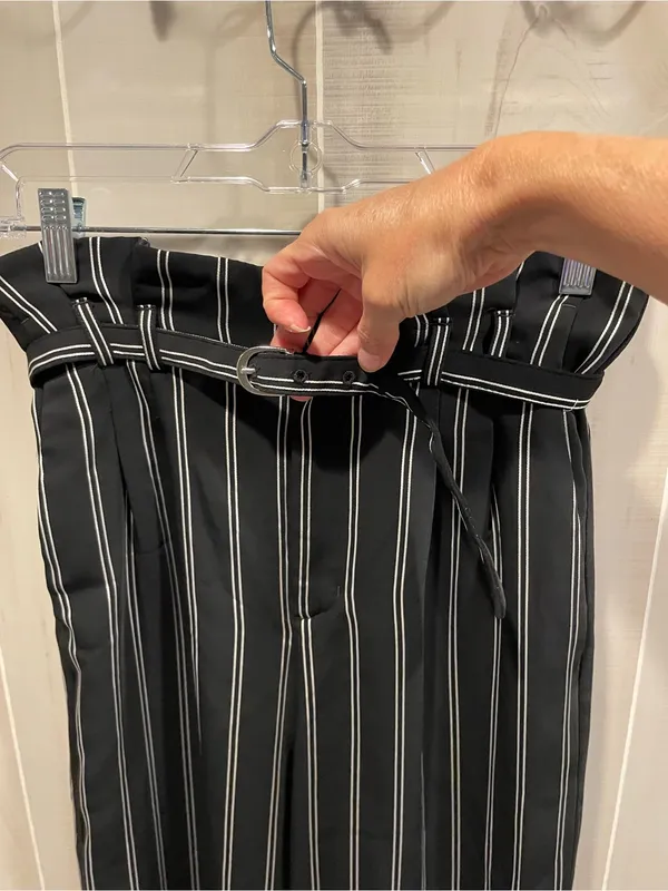 Cute classic flowy stripe paper bag waist belted pants wide leg Express office - Image 5
