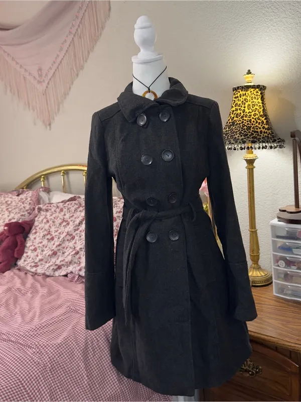 Y2K Dark Gray Double-Breasted Peacoat with Belt - Image 7