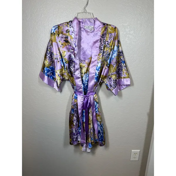 Vintage Set Sante Classics Floral Leopard Print Purple Robe & Slip Set - Size M - Image 2