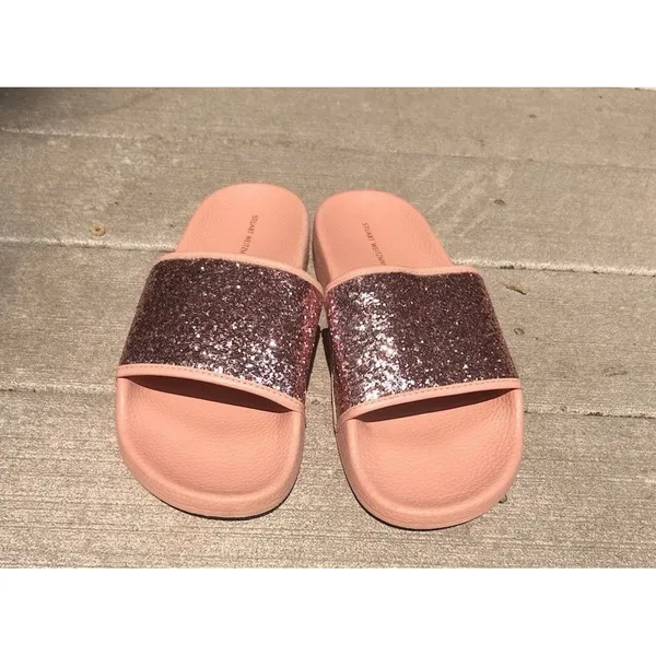 Stuart Weitzman Pink Glitter Slide Sandals Womens 9 Rose Gold Sparkle Flat Shoes - Image 3
