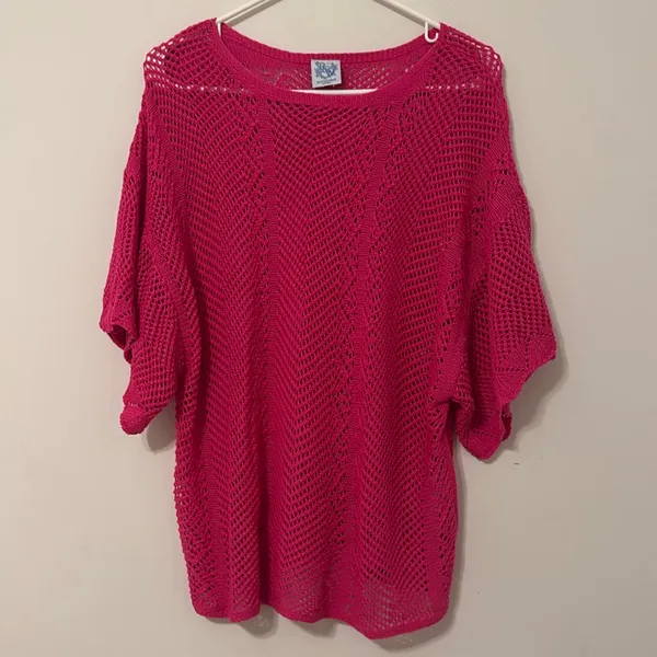 Roots &‎ Wings Boutique Women’s Pink Eyelet Crochet Knit Cover Up Blouse Medium - Image 2