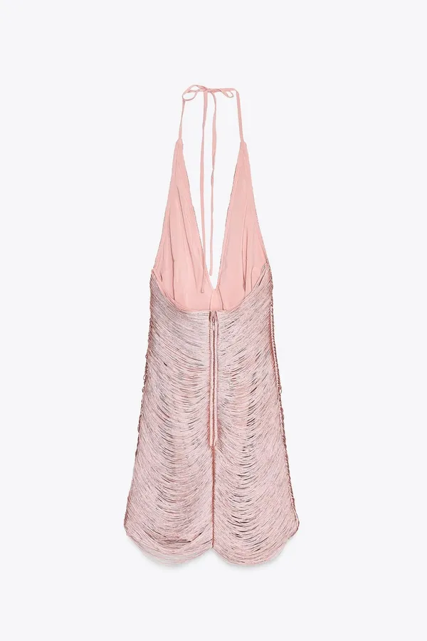 Zara Sleeveless Pink Halter Fringe Bodycon Mini Evening Dress - Image 13