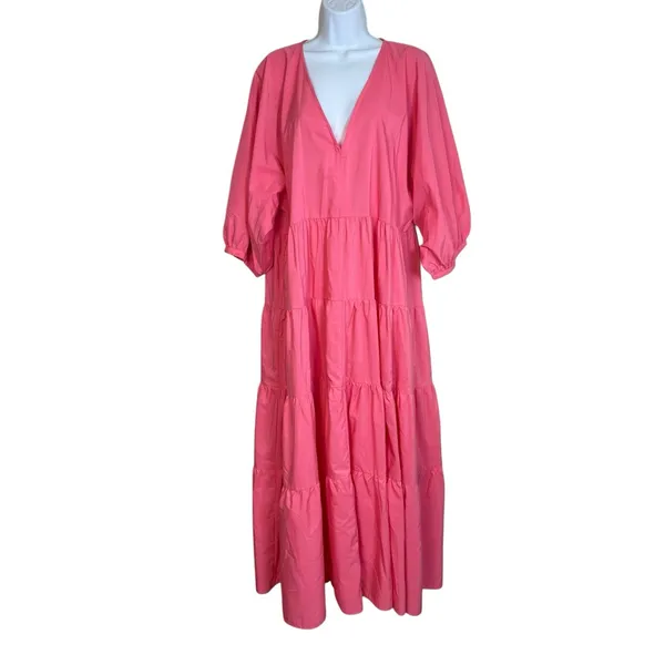 Zara Poplin Panelled Maxi Dress Bright Pink Size Large Wedding Party Event - Image 2