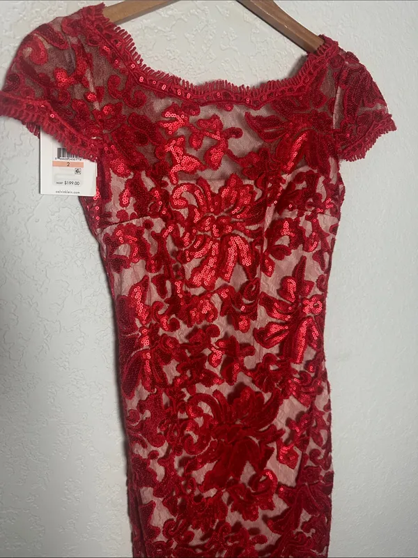 NEW Calvin Klein Red Embroidered Lace Sequin Cocktail Dress Evening Holiday Fall - Image 2