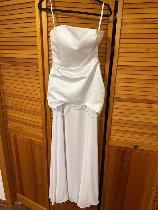 Bridal White Satin Strapless Dress with Shear Chiffon Underlay and Scarf with Pearl Beading - Image 8
