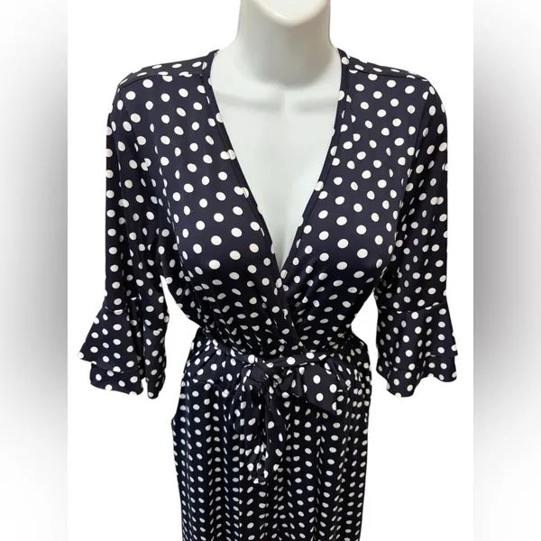 Venus Wide Leg Belted Jumpsuit Sz L Navy White Polka Dot Wrap Bust SS Cropped - Image 4