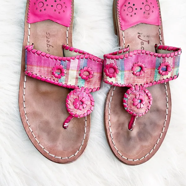 Jack Rogers Kyra Pink Madras Plaid Leather Sandals Preppy Resortcore Coastal - Image 2