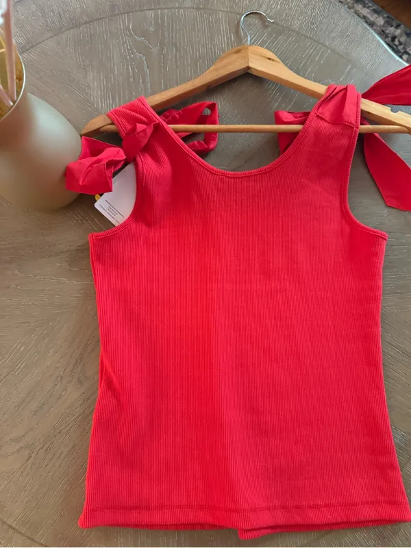 French Connection Red Tie-Shoulder Ribbed Tank Top - Image 6