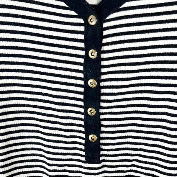LAUREN RALPH LAUREN Black White Striped Long V-Neck Button Accent Top Large - Image 5
