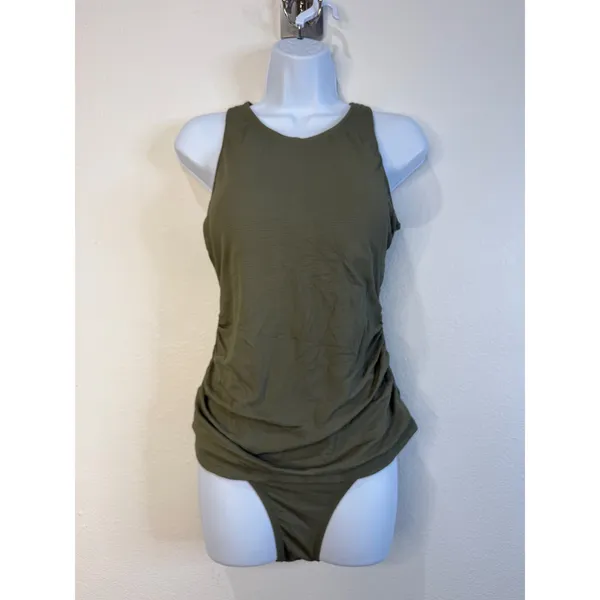 Cupshe Olive Green Ribbed Tankini Set High Neck Mesh Cutout Back Size M - Image 3