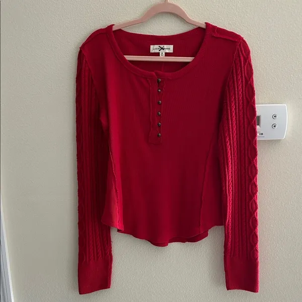 Lucky brand Textured Mixed cable knit Sleeve Henley cotton red M oversized boho​ - Image 2