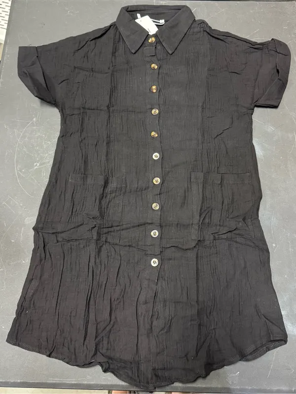 Hidden Brand Women Black Textured Cotton Button Front Shirt Dress Pockets medium - Image 3