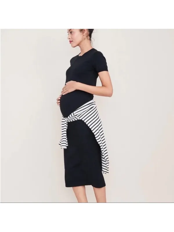 Hatch The Eliza Short Sleeve Maternity Midi Dress Striped Pink Size 2/M - Image 9