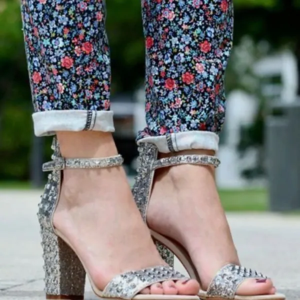Zara 40 Silver Studded Block Heel Sandals - Image 2